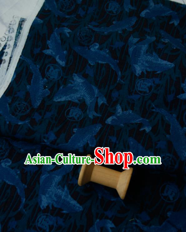 Asian Japanese Traditional Kimono Fabric Brocade Silk Material Classical Blue Fishes Pattern Design Drapery