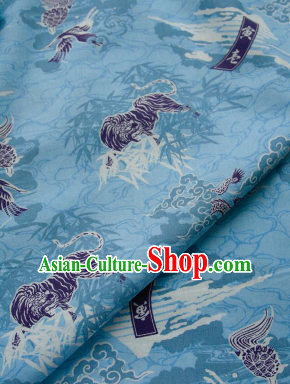 Asian Japanese Traditional Kimono Fabric Blue Brocade Silk Material Classical Lions Pattern Design Drapery