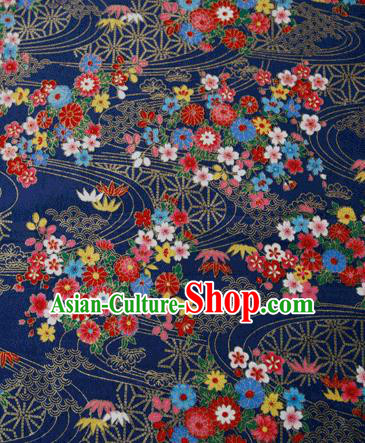 Asian Japanese Traditional Kimono Navy Brocade Fabric Silk Material Classical Flowers Pattern Design Drapery