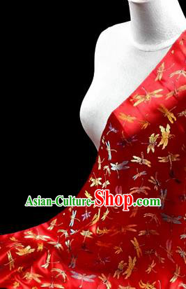 Asian Chinese Traditional Tang Suit Fabric Red Brocade Silk Material Classical Dragonfly Pattern Design Drapery