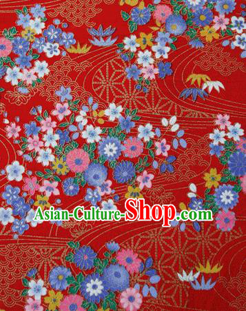 Asian Japanese Traditional Kimono Red Brocade Fabric Silk Material Classical Flowers Pattern Design Drapery