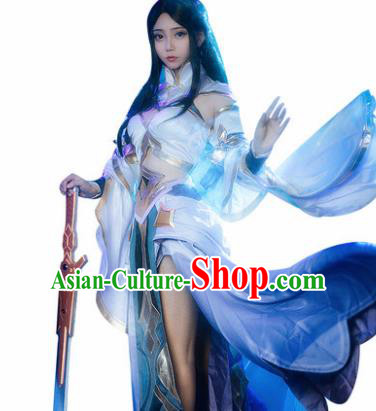 Top Grade Chinese Cosplay Fairy Princess Costumes Halloween Cartoon Characters Blue Dress for Women