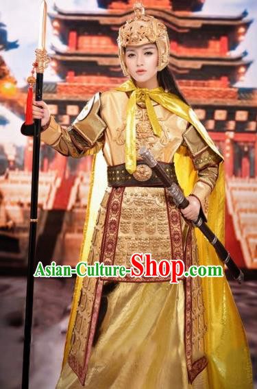 Chinese Traditional Tang Dynasty Female General Costumes Ancient Warrior Golden Helmet and Body Armour for Women