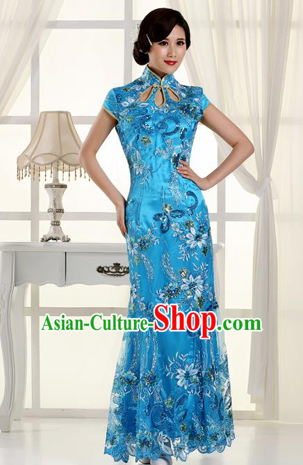 Chinese Traditional Costumes Tang Suit Cheongsam Blue Qipao Dress for Women