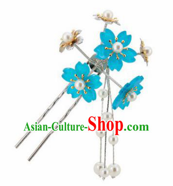 Japanese Traditional Kimono Hair Accessories Ancient Yukata Blue Cherry Blossom Tassel Hairpins for Women