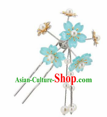 Japanese Traditional Kimono Hair Accessories Ancient Yukata Light Blue Cherry Blossom Tassel Hairpins for Women