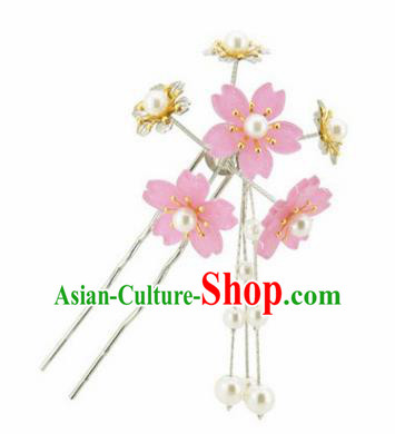 Japanese Traditional Kimono Hair Accessories Ancient Yukata Light Pink Cherry Blossom Tassel Hairpins for Women