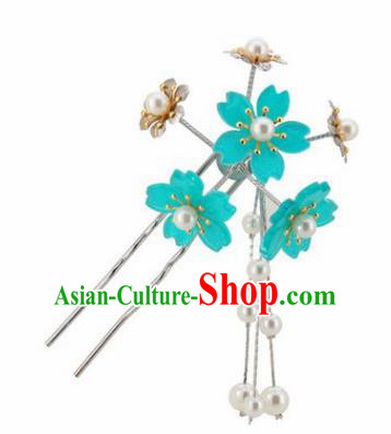 Japanese Traditional Kimono Hair Accessories Ancient Yukata Lake Blue Cherry Blossom Tassel Hairpins for Women