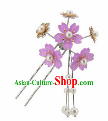 Japanese Traditional Kimono Hair Accessories Ancient Yukata Lilac Cherry Blossom Tassel Hairpins for Women