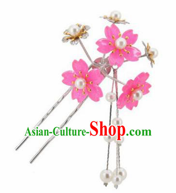 Japanese Traditional Kimono Hair Accessories Ancient Yukata Rosy Cherry Blossom Tassel Hairpins for Women