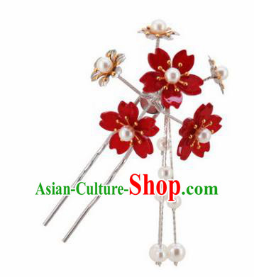 Japanese Traditional Kimono Hair Accessories Ancient Yukata Dark Red Cherry Blossom Tassel Hairpins for Women