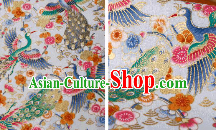 Asian Japanese Traditional Kimono White Brocade Fabric Silk Material Classical Peacock Pattern Design Drapery