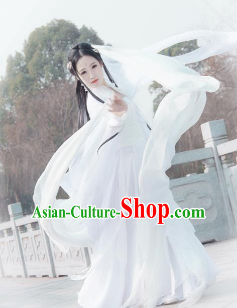 Chinese Traditional Ancient Swordswoman Embroidered Costumes Cosplay Peri Princess White Hanfu Dress for Women