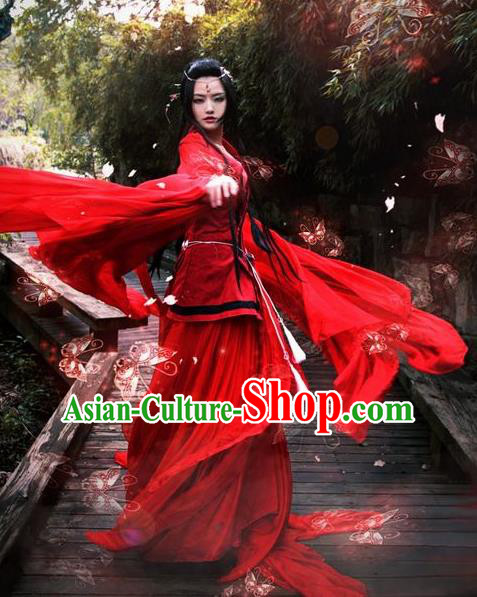 Chinese Ancient Cosplay Female Swordsman Costumes Traditional Tang Dynasty Assassin Embroidered Red Hanfu Dress for Women