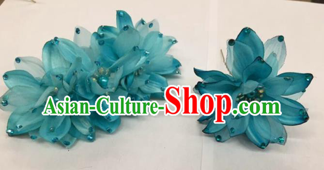 Chinese Traditional Beijing Opera Blue Flowers Hairpins Ancient Peri Hair Accessories for Women