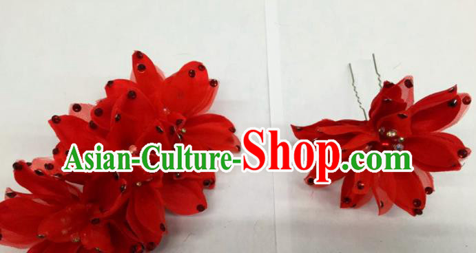 Chinese Traditional Beijing Opera Red Flowers Hairpins Ancient Peri Hair Accessories for Women