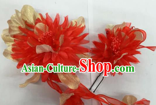 Chinese Traditional Beijing Opera Red Silk Flowers Hairpins Ancient Peri Hair Accessories for Women