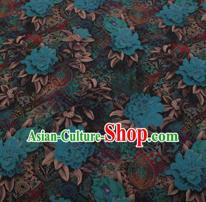 Chinese Traditional Cheongsam Crepe Satin Plain Palace Blue Peony Pattern Silk Fabric Chinese Fabric Asian Material