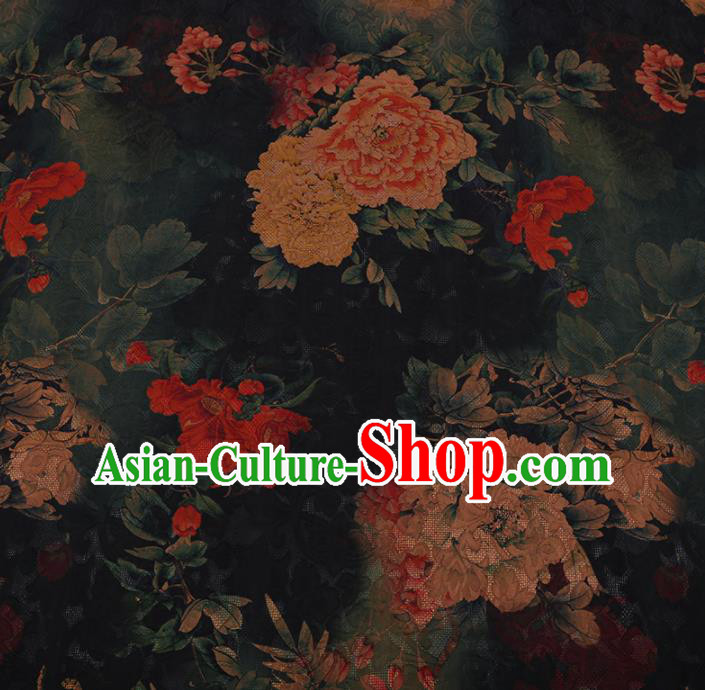 Chinese Traditional Cheongsam Black Crepe Satin Plain Palace Peony Pattern Silk Fabric Chinese Fabric Asian Material