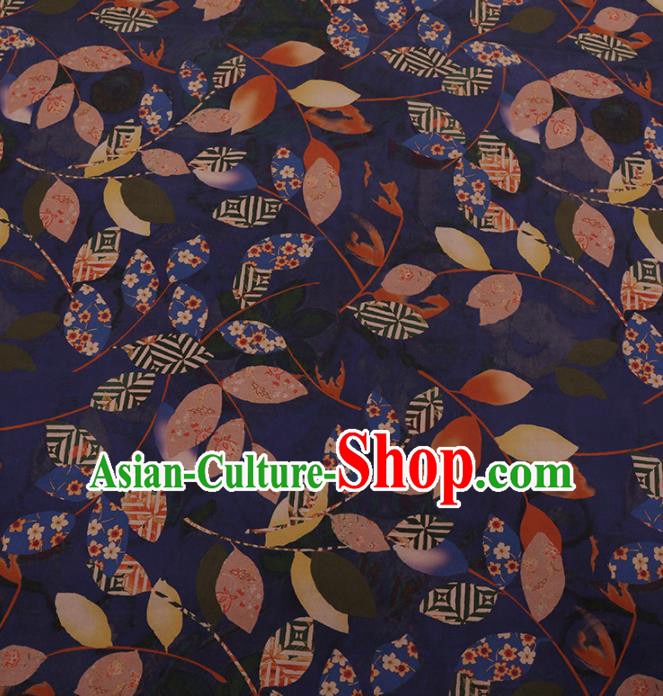 Chinese Traditional Cheongsam Palace Leaf Pattern Blue Crepe Satin Plain Gambiered Guangdong Gauze Silk Fabric