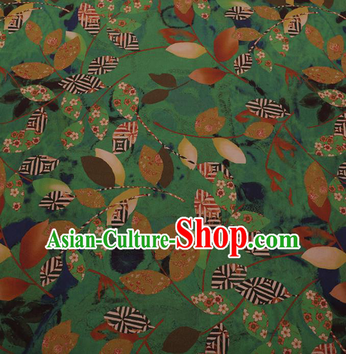 Chinese Traditional Cheongsam Palace Leaf Pattern Green Crepe Satin Plain Gambiered Guangdong Gauze Silk Fabric
