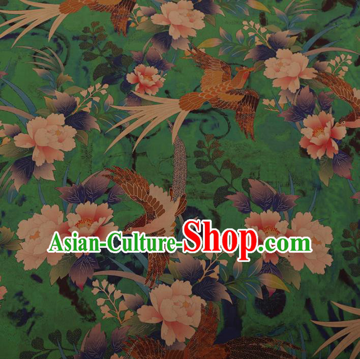 Chinese Traditional Cheongsam Silk Fabric Palace Phoenix Peony Pattern Green Satin Plain Gambiered Guangdong Gauze