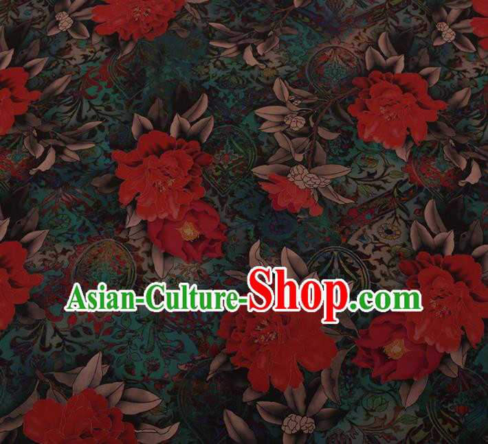 Chinese Traditional Cheongsam Silk Fabric Palace Peony Pattern Green Satin Plain Gambiered Guangdong Gauze