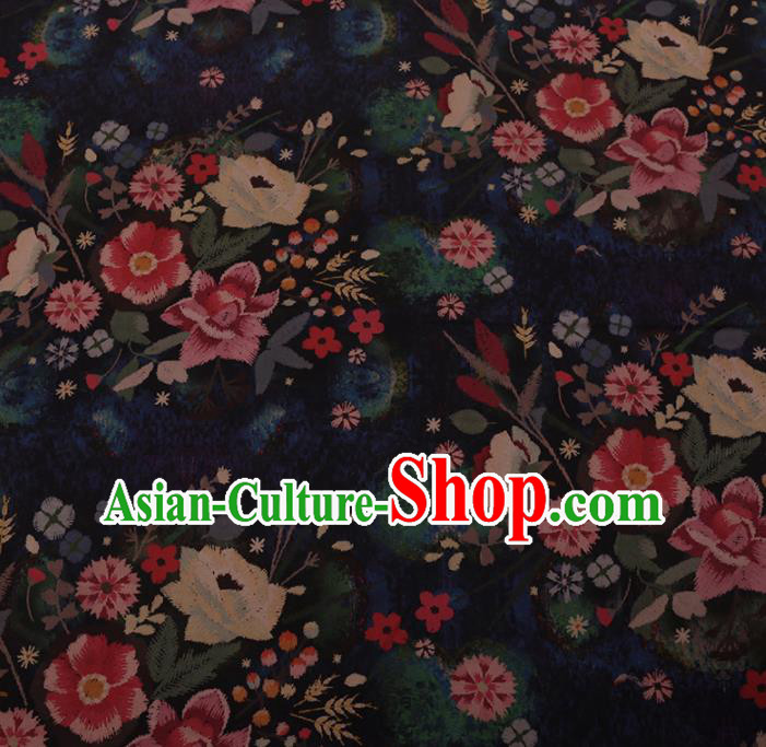 Chinese Traditional Cheongsam Silk Fabric Palace Flowers Pattern Black Satin Plain Gambiered Guangdong Gauze