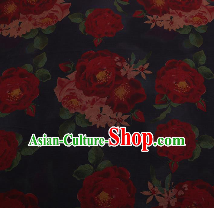 Chinese Traditional Cheongsam Silk Fabric Palace Peony Pattern Navy Satin Plain Gambiered Guangdong Gauze