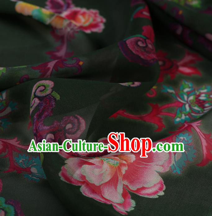 Chinese Traditional Cheongsam Olive Green Crepe Satin Plain Palace Peony Pattern Gambiered Guangdong Gauze Silk Fabric