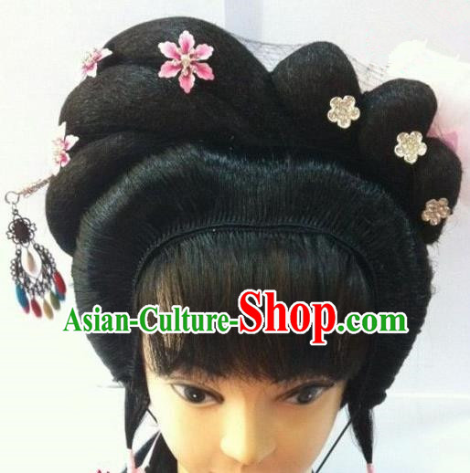 Chinese Traditional Beijing Opera Diva Hair Accessories Ancient Princess Wigs Sheath and Hairpins for Women
