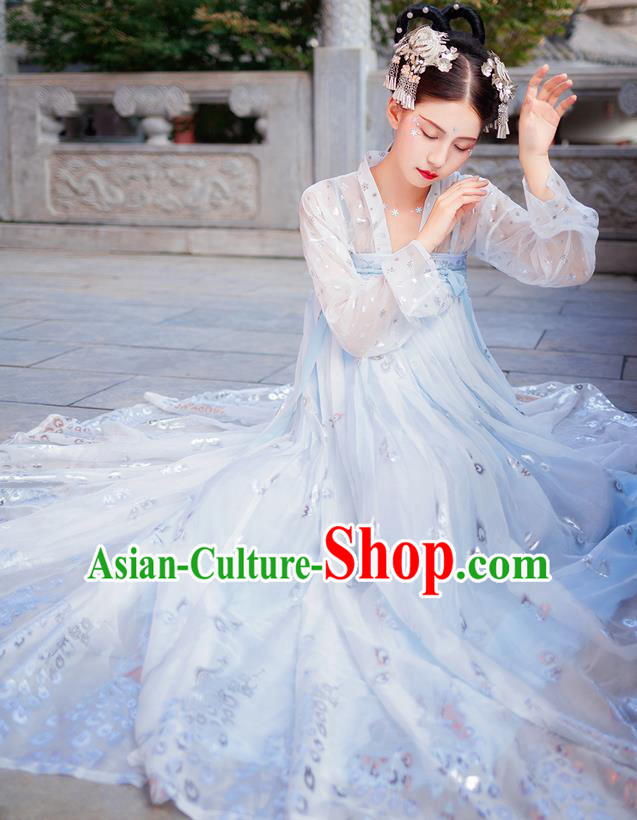 Chinese Tang Dynasty Imperial Consort Royal Embroidered Costumes Ancient Fairy Blue Hanfu Dress for Women