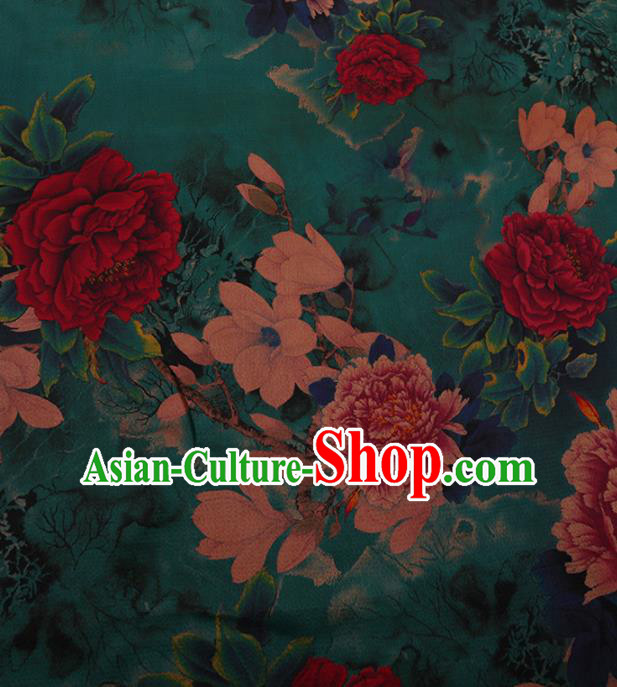 Chinese Traditional Cheongsam Silk Fabric Palace Peony Flowers Pattern Green Satin Plain Gambiered Guangdong Gauze