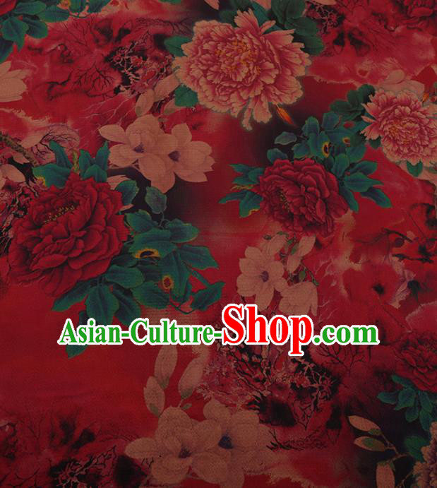 Chinese Traditional Cheongsam Silk Fabric Palace Peony Flowers Pattern Red Satin Plain Gambiered Guangdong Gauze