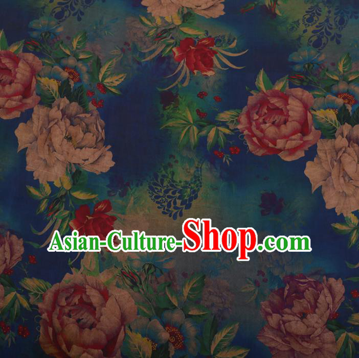 Chinese Traditional Cheongsam Silk Fabric Palace Peony Pattern Blue Satin Plain Gambiered Guangdong Gauze