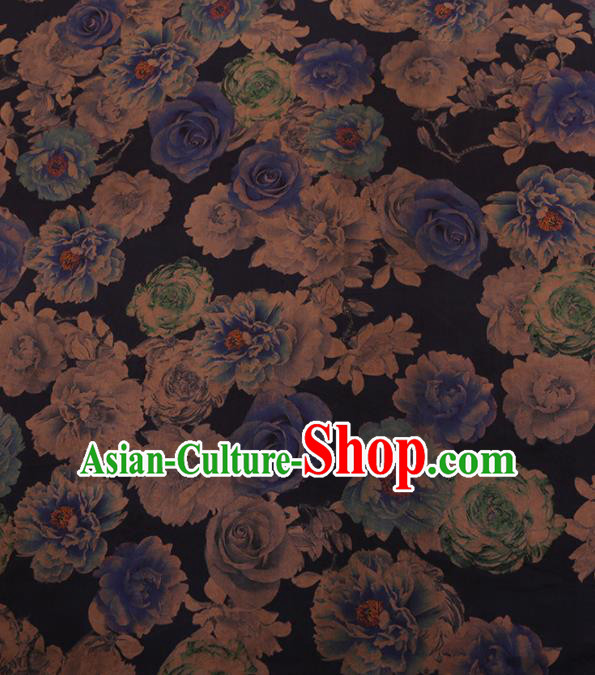 Chinese Traditional Cheongsam Blue Silk Fabric Palace Roses Pattern Jacquard Satin Plain Gambiered Guangdong Gauze