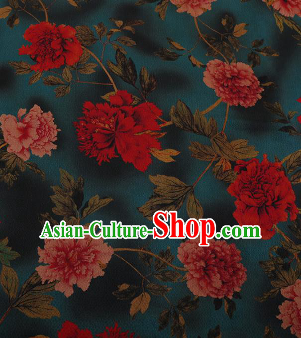 Chinese Traditional Cheongsam Green Silk Fabric Palace Peony Pattern Jacquard Satin Plain Gambiered Guangdong Gauze