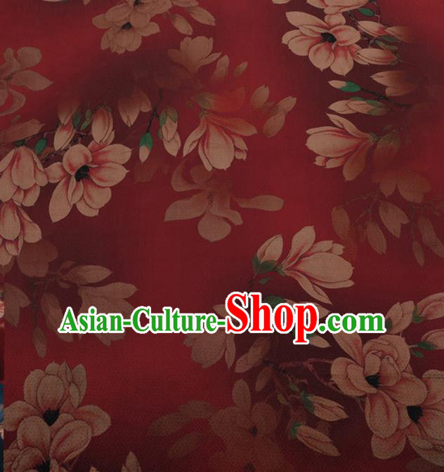 Chinese Traditional Cheongsam Red Silk Fabric Palace Magnolia Pattern Jacquard Satin Plain Gambiered Guangdong Gauze