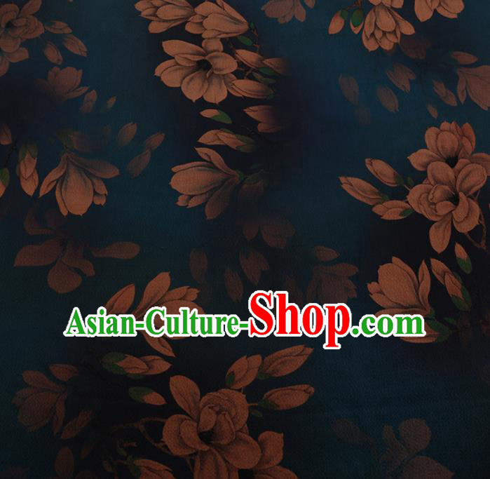 Chinese Traditional Cheongsam Blue Silk Fabric Palace Magnolia Pattern Jacquard Satin Plain Gambiered Guangdong Gauze