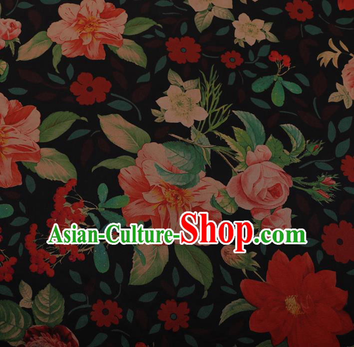 Chinese Traditional Cheongsam Black Silk Fabric Palace Peony Pattern Jacquard Satin Plain Gambiered Guangdong Gauze