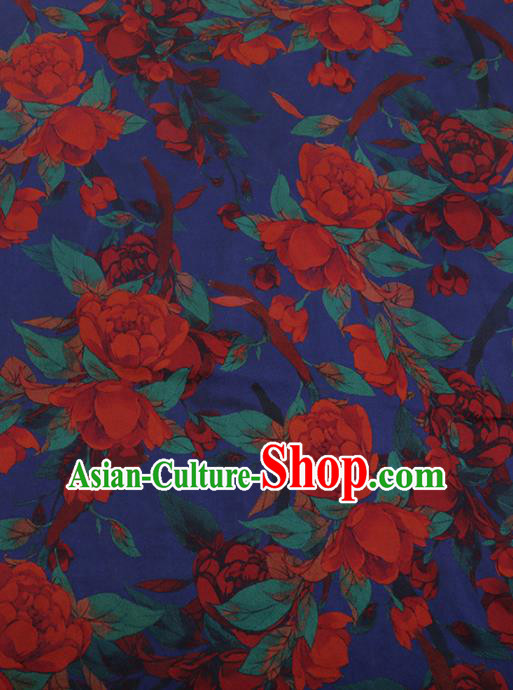 Chinese Traditional Cheongsam Blue Silk Fabric Palace Peony Pattern Jacquard Satin Plain Gambiered Guangdong Gauze