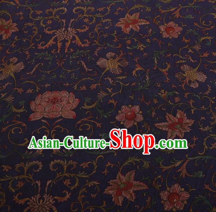 Chinese Traditional Cheongsam Navy Silk Fabric Palace Lotus Pattern Jacquard Satin Plain Gambiered Guangdong Gauze