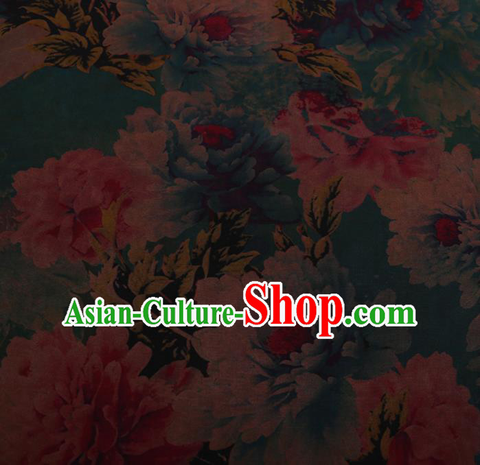 Chinese Traditional Cheongsam Green Silk Fabric Palace Peony Pattern Jacquard Satin Plain Gambiered Guangdong Gauze