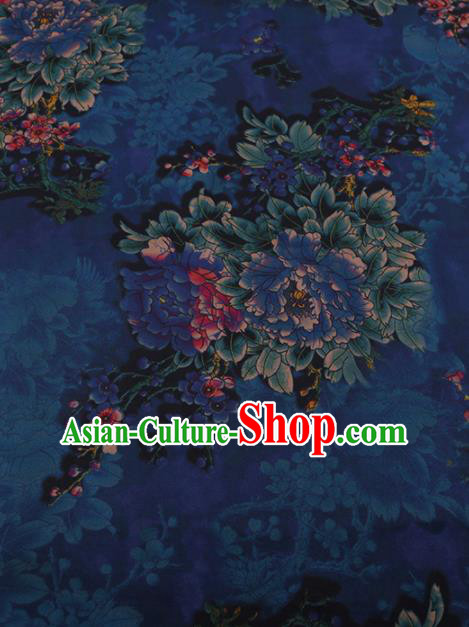 Chinese Traditional Blue Silk Fabric Palace Peony Pattern Cheongsam Jacquard Satin Plain Gambiered Guangdong Gauze