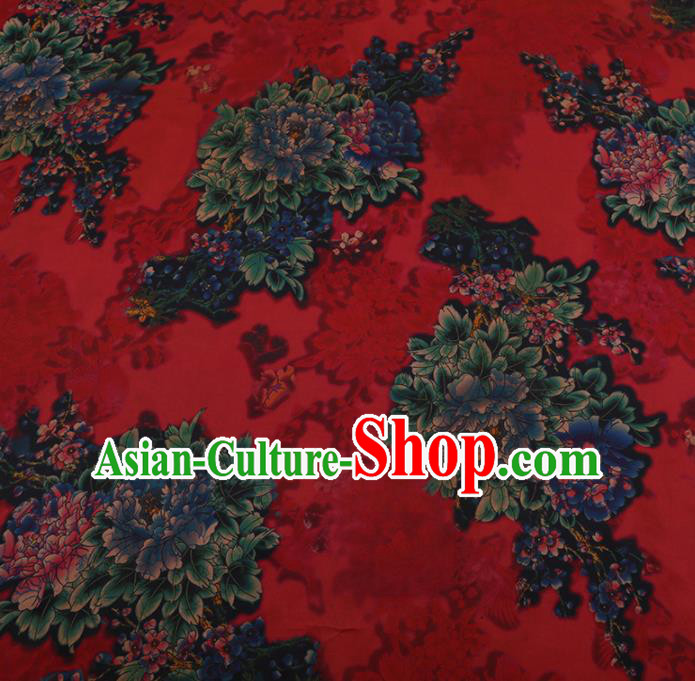 Chinese Traditional Red Silk Fabric Palace Peony Pattern Cheongsam Jacquard Satin Plain Gambiered Guangdong Gauze