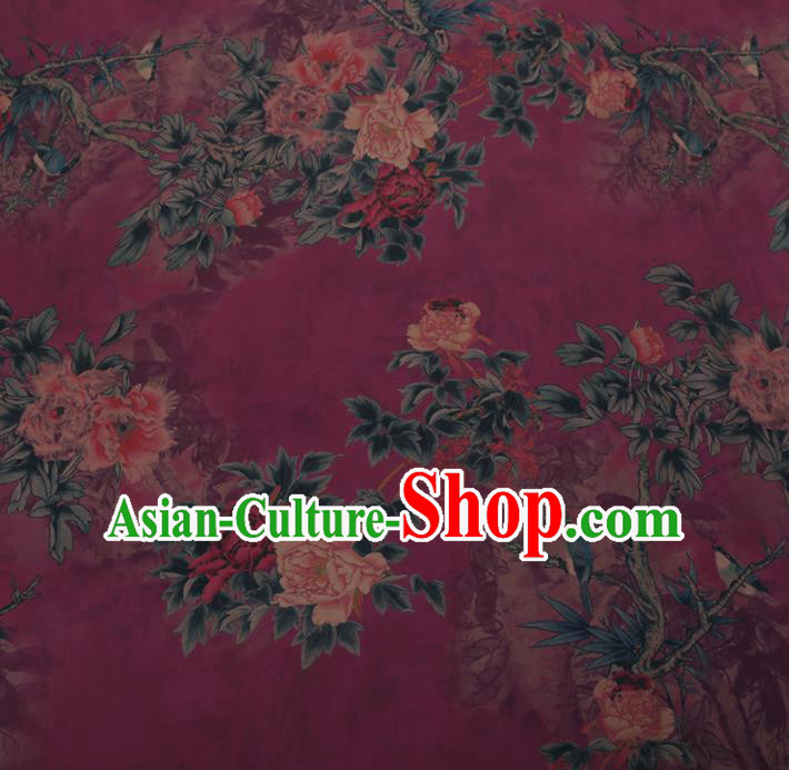 Chinese Traditional Purple Silk Fabric Palace Peony Pattern Cheongsam Jacquard Satin Plain Gambiered Guangdong Gauze