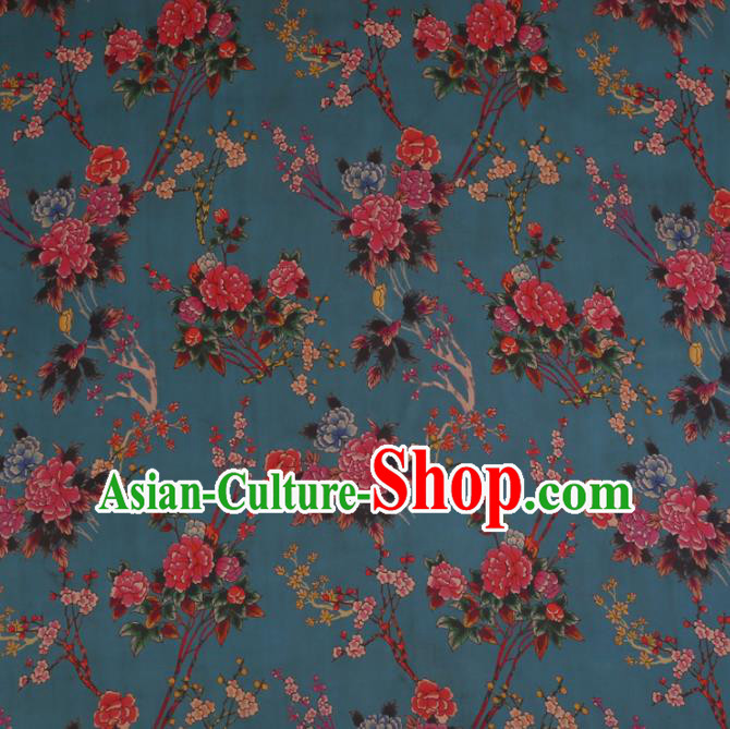 Chinese Traditional Drapery Blue Silk Fabric Palace Peony Pattern Cheongsam Satin Plain Gambiered Guangdong Gauze