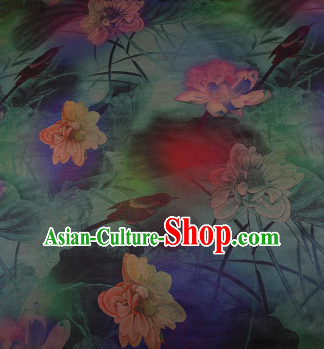 Chinese Traditional Drapery Blue Silk Fabric Palace Lotus Pattern Cheongsam Satin Plain Gambiered Guangdong Gauze