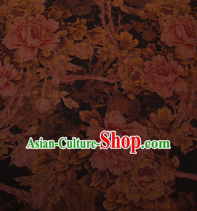 Chinese Traditional Drapery Brown Silk Fabric Palace Peony Pattern Cheongsam Satin Plain Gambiered Guangdong Gauze