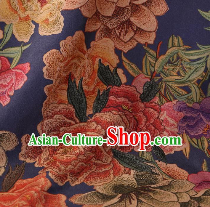 Chinese Traditional Drapery Blue Silk Fabric Palace Peony Flowers Pattern Cheongsam Satin Plain Gambiered Guangdong Gauze